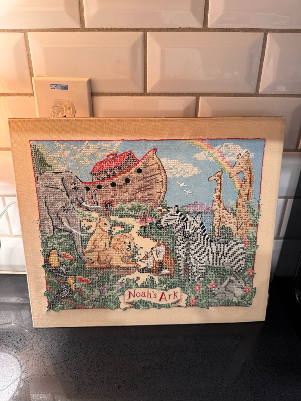Noah's Ark Cross Stitch Wall Art - Cream Background with Multicolor Animals